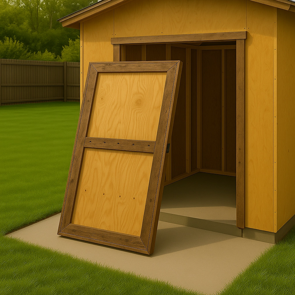 Installing trim around shed door frame for a clean and professional finished appearance.