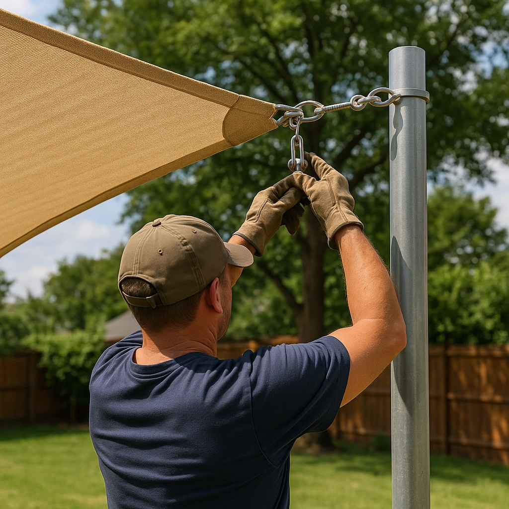 Installing a durable outdoor shade sail with proper mounting and maintenance tools.