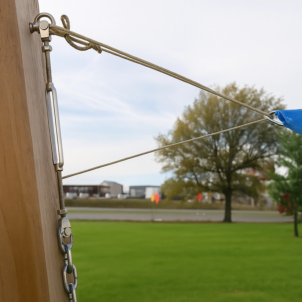 Tensioning and attaching shade sail corners to pre-installed hardware for proper installation.