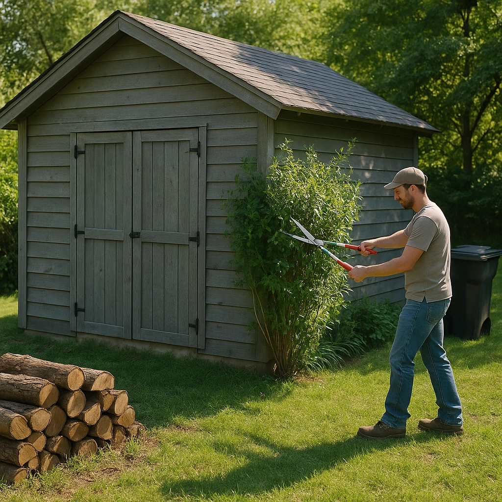 Man trimming bushes near a shed to keep the area tidy.