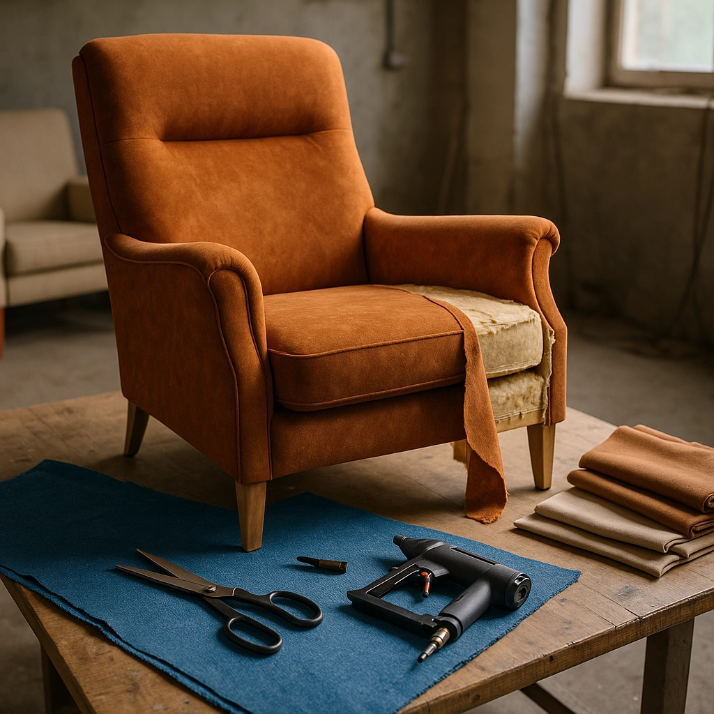 Armchair being reupholstered with fabric materials and tools on a wooden table.