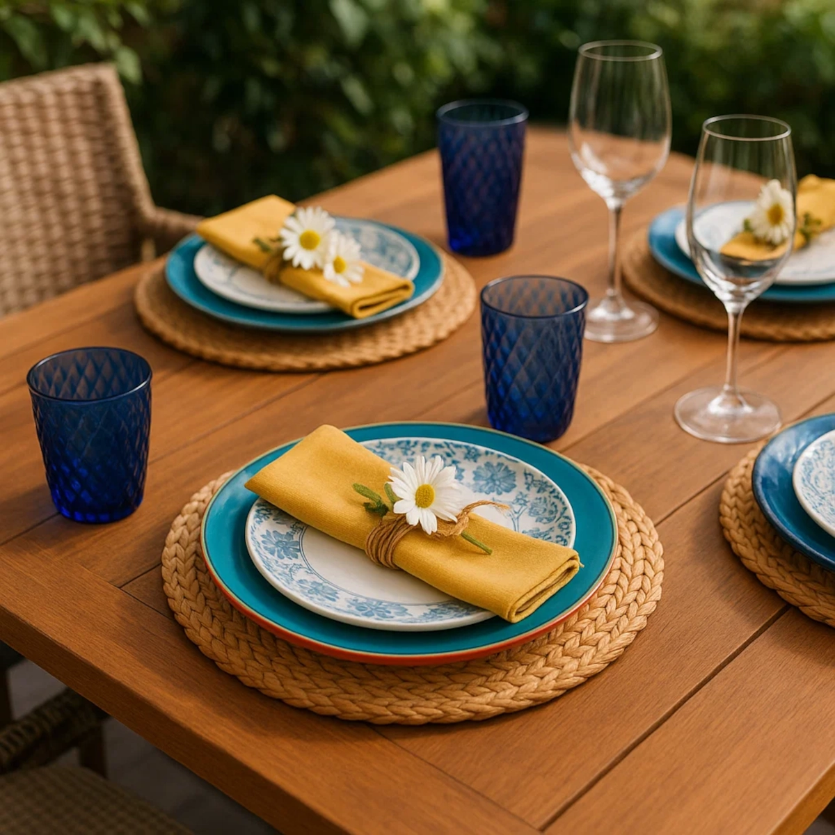 Vibrant table setting with blue dishes, yellow napkins, and daisy accents.