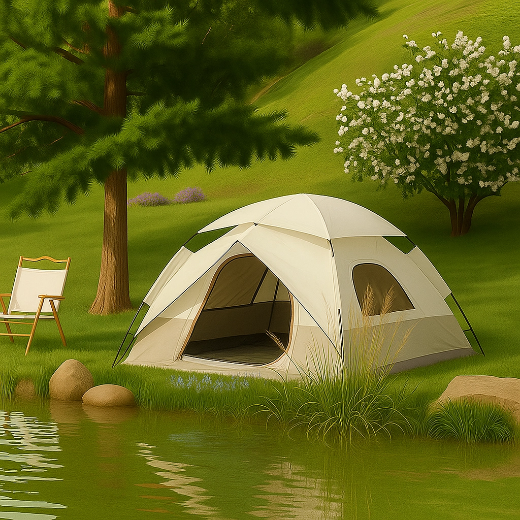 Light-colored camping tent reflects sunlight, helping to keep the interior cooler.