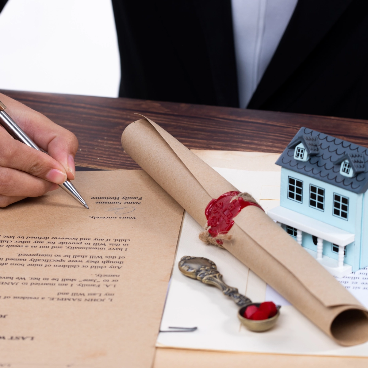 Close-up of legal documents, seal, and miniature house representing regulations and permits.