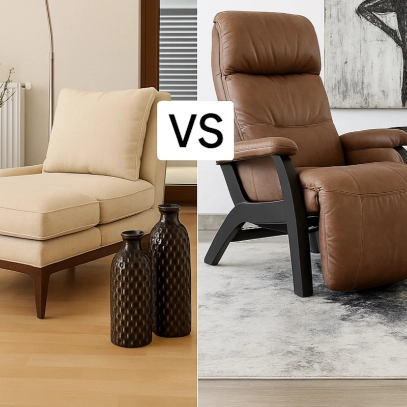 Side-by-side comparison of cushioned lounge chair and leather recliner on different flooring styles.