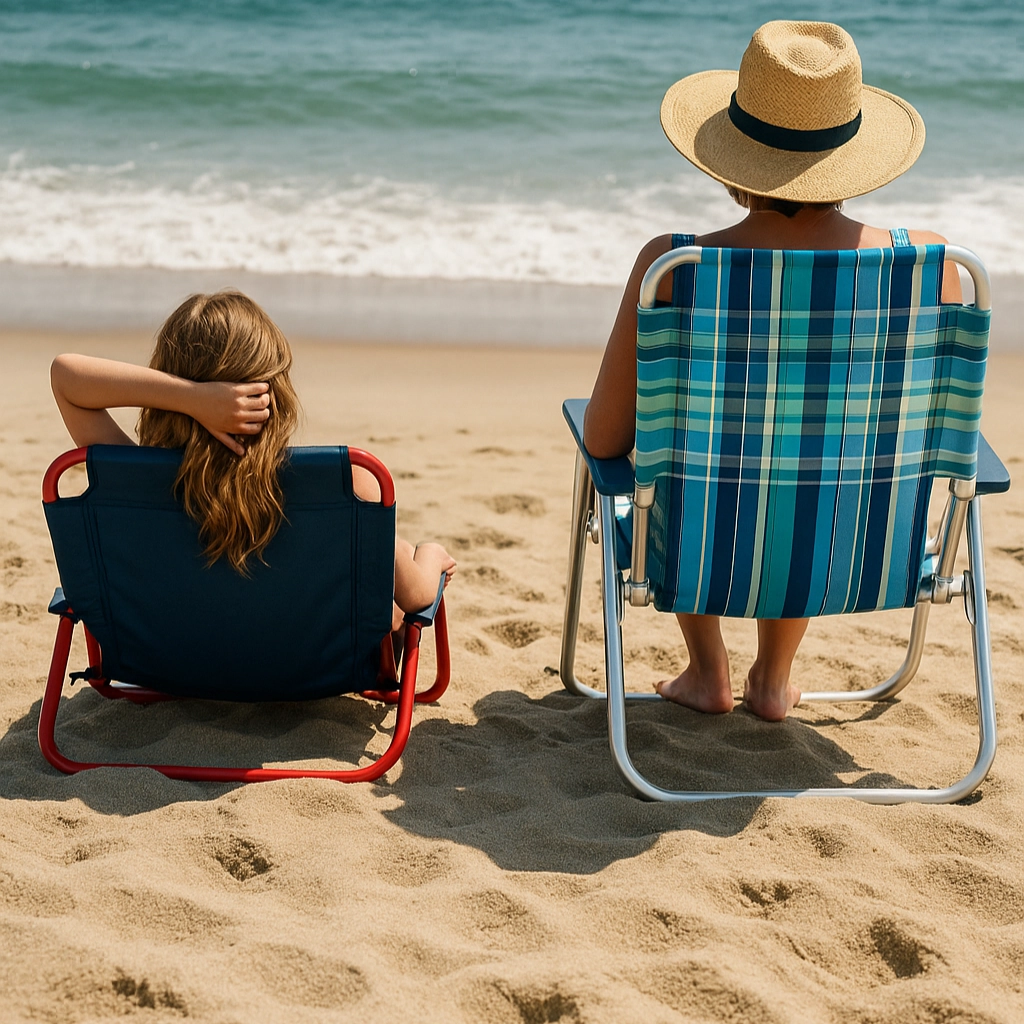 Child and adult sitting on low-profile and traditional beach chairs facing the sea.