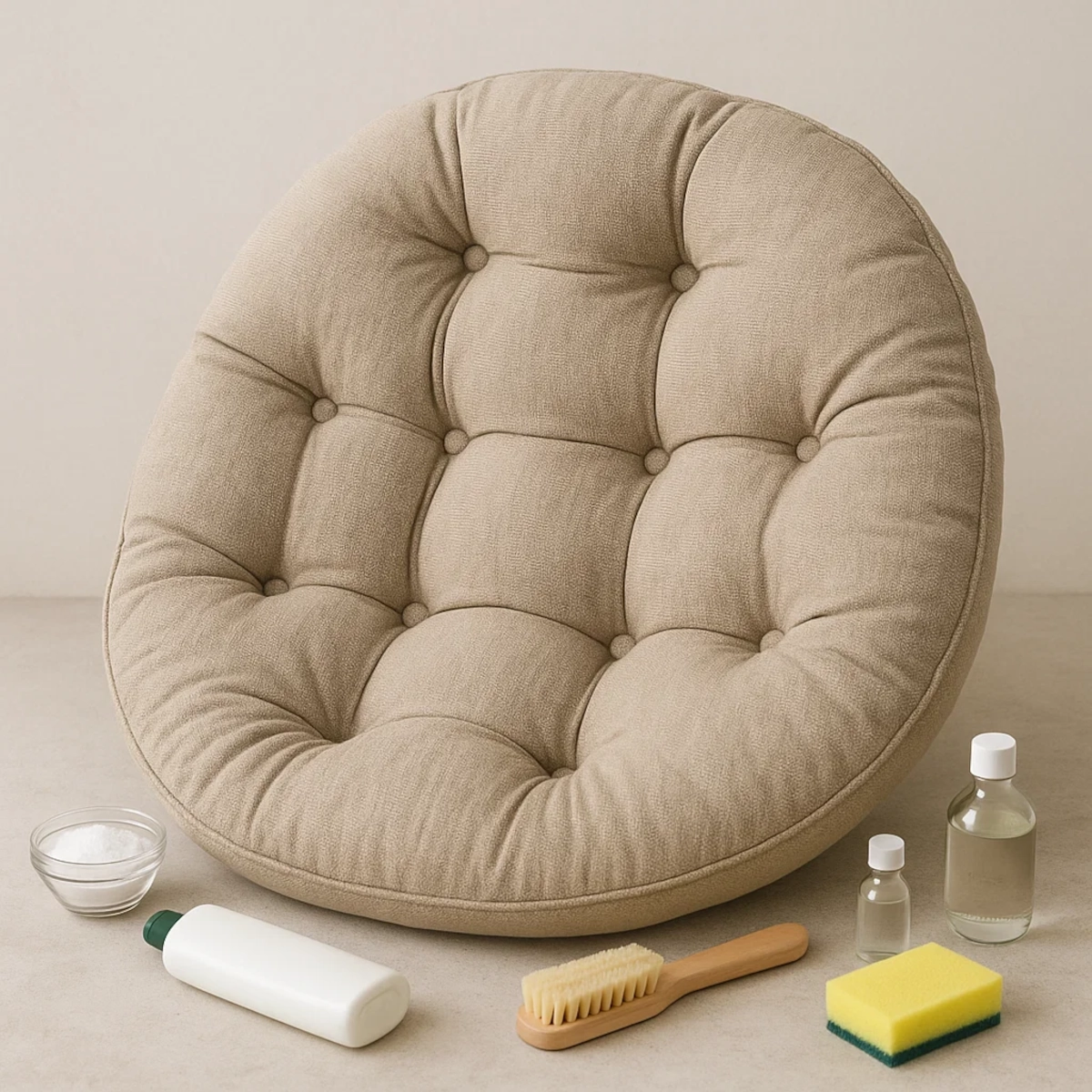 Cleaning tools arranged beside a fabric cushion for tackling stubborn stains and grime buildup.