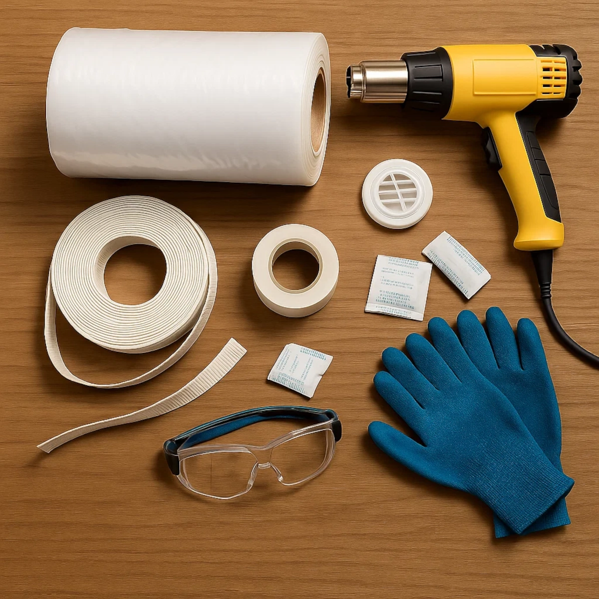 Shrink wrap kit essentials including wrap roll, tape, gloves, vent, and heat gun for furniture.