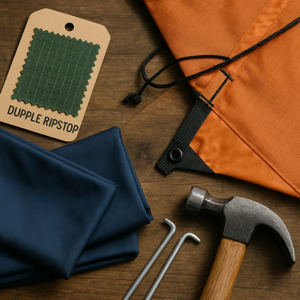 Camping tent materials including ripstop fabric, stakes, hammer, and accessories