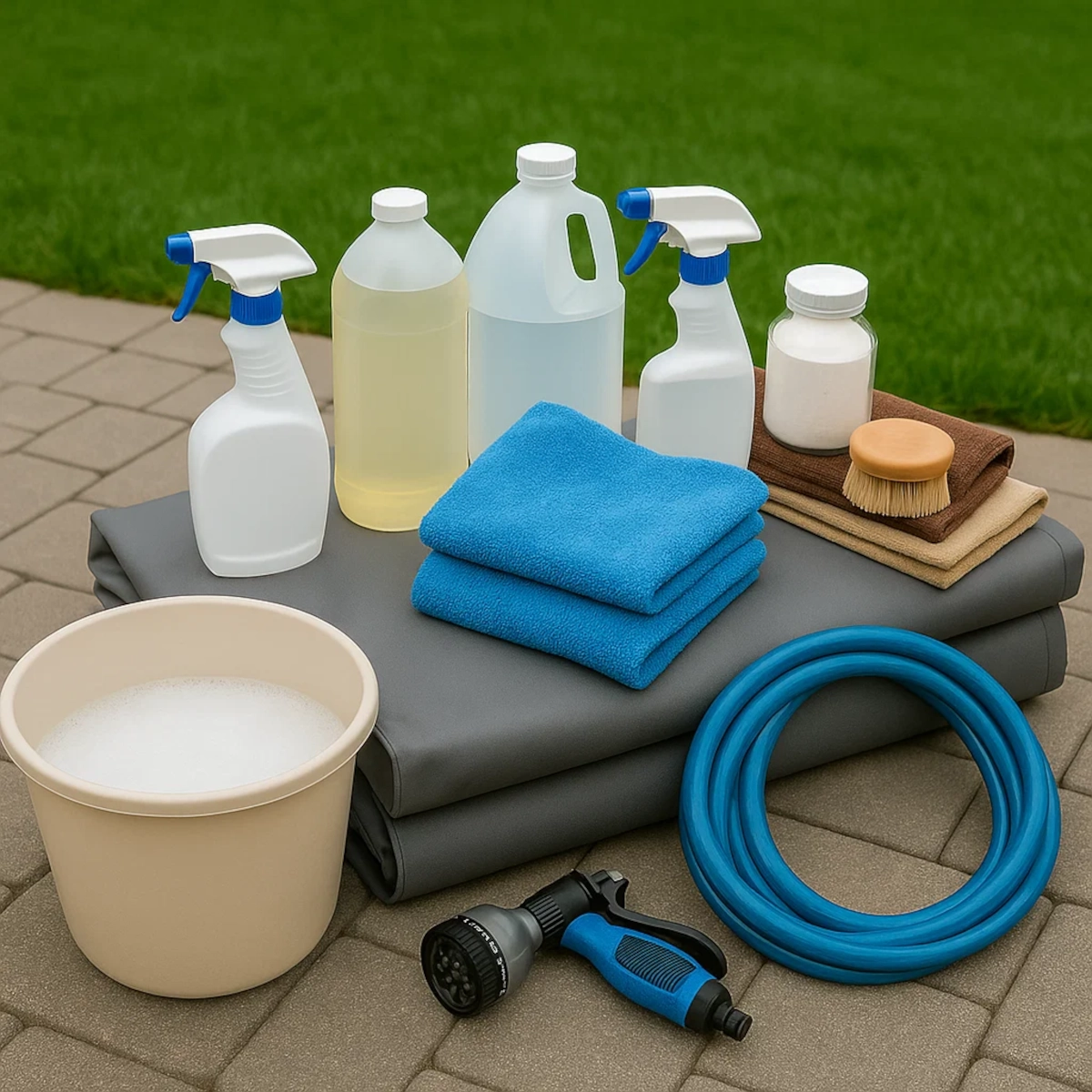 Cleaning supplies including sprays, towels, and water hose for patio furniture.