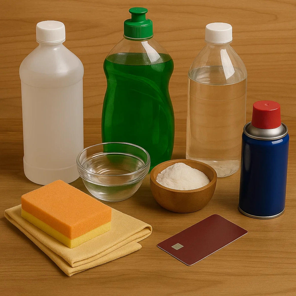 Supplies for removing sap: vinegar, dish soap, sponge, cloth, water, and WD-40.