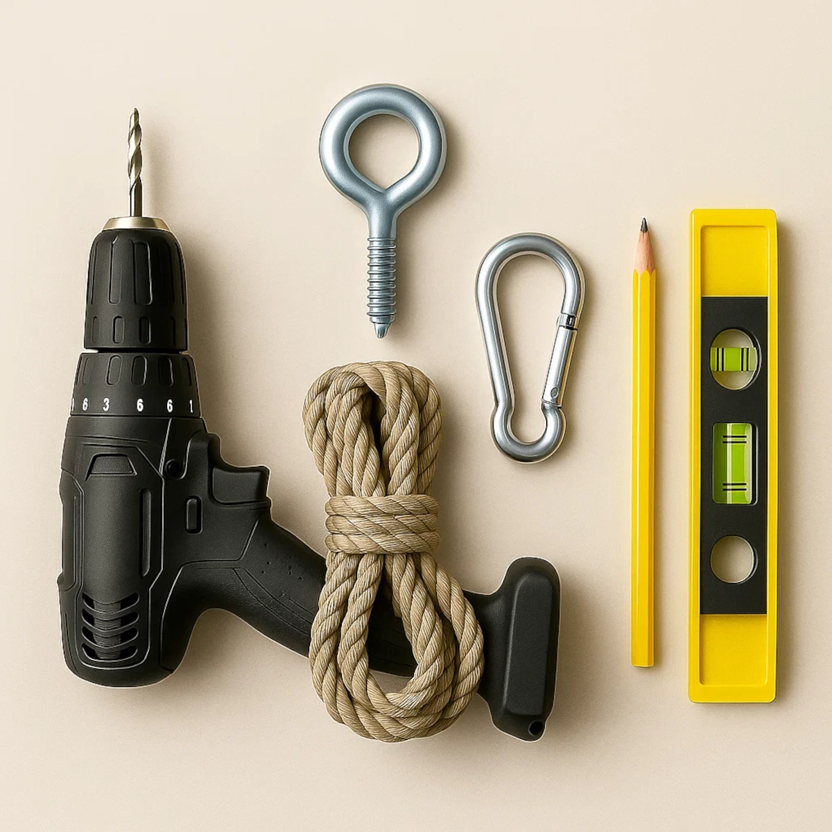 Tools and supplies for hanging an egg chair, including rope, drill, and hook.