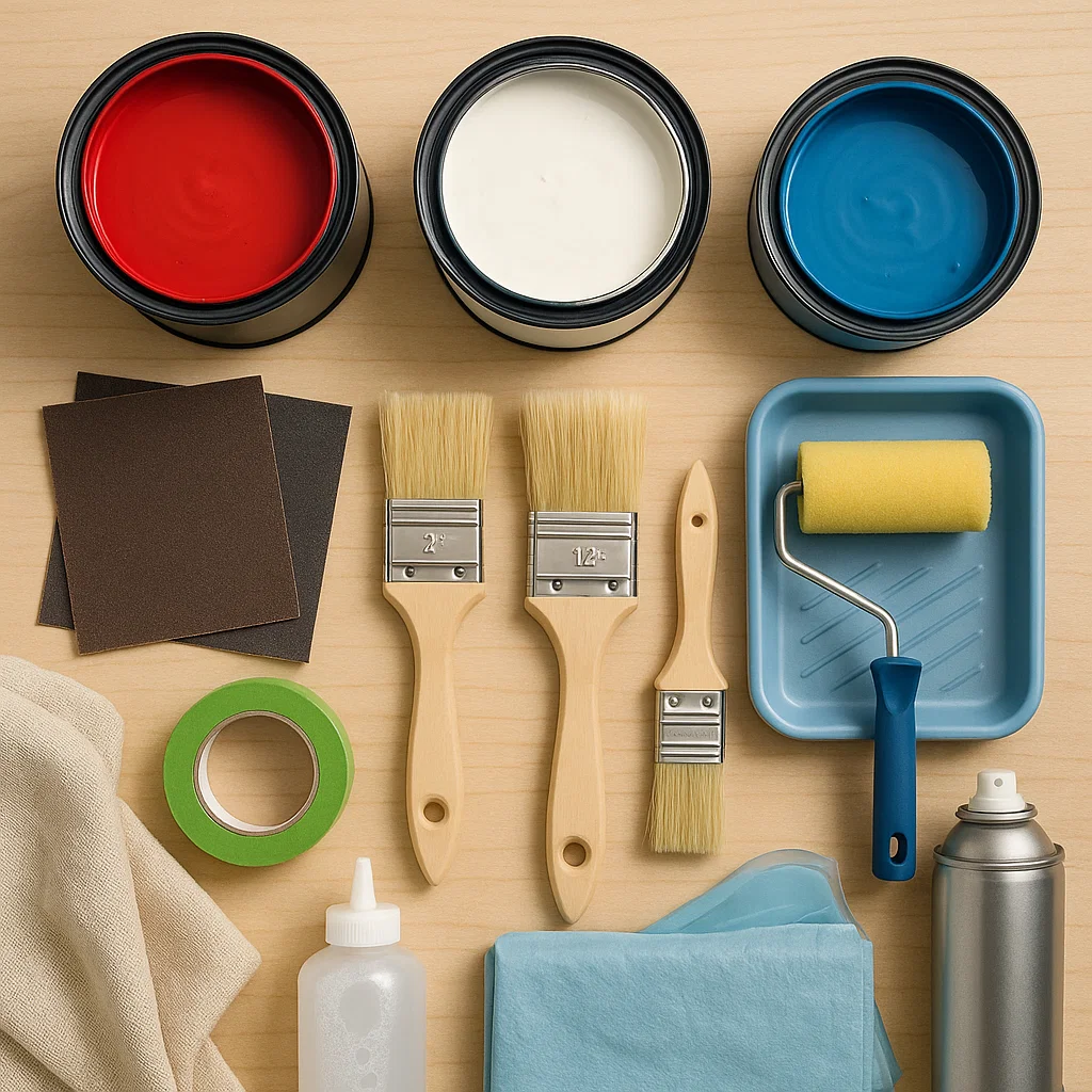 Essential painting tools including brushes, paint cans, tape, and roller for furniture makeover.