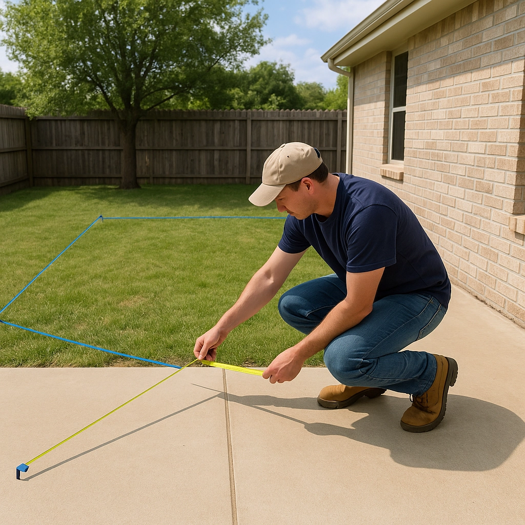 Man using tape measure to outline patio area for shade sail installation.