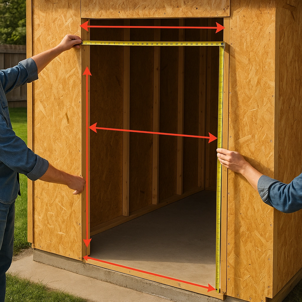 Measuring shed door frame with tape measure to ensure accurate and perfect door fit.