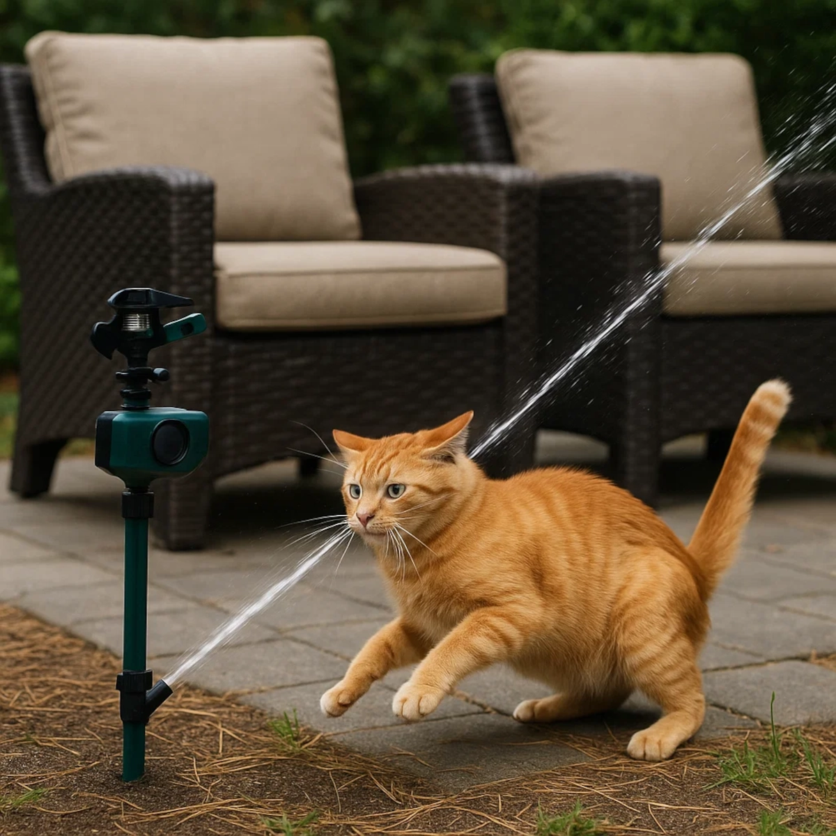Motion-activated sprinkler system deterring cats from entering garden or patio area