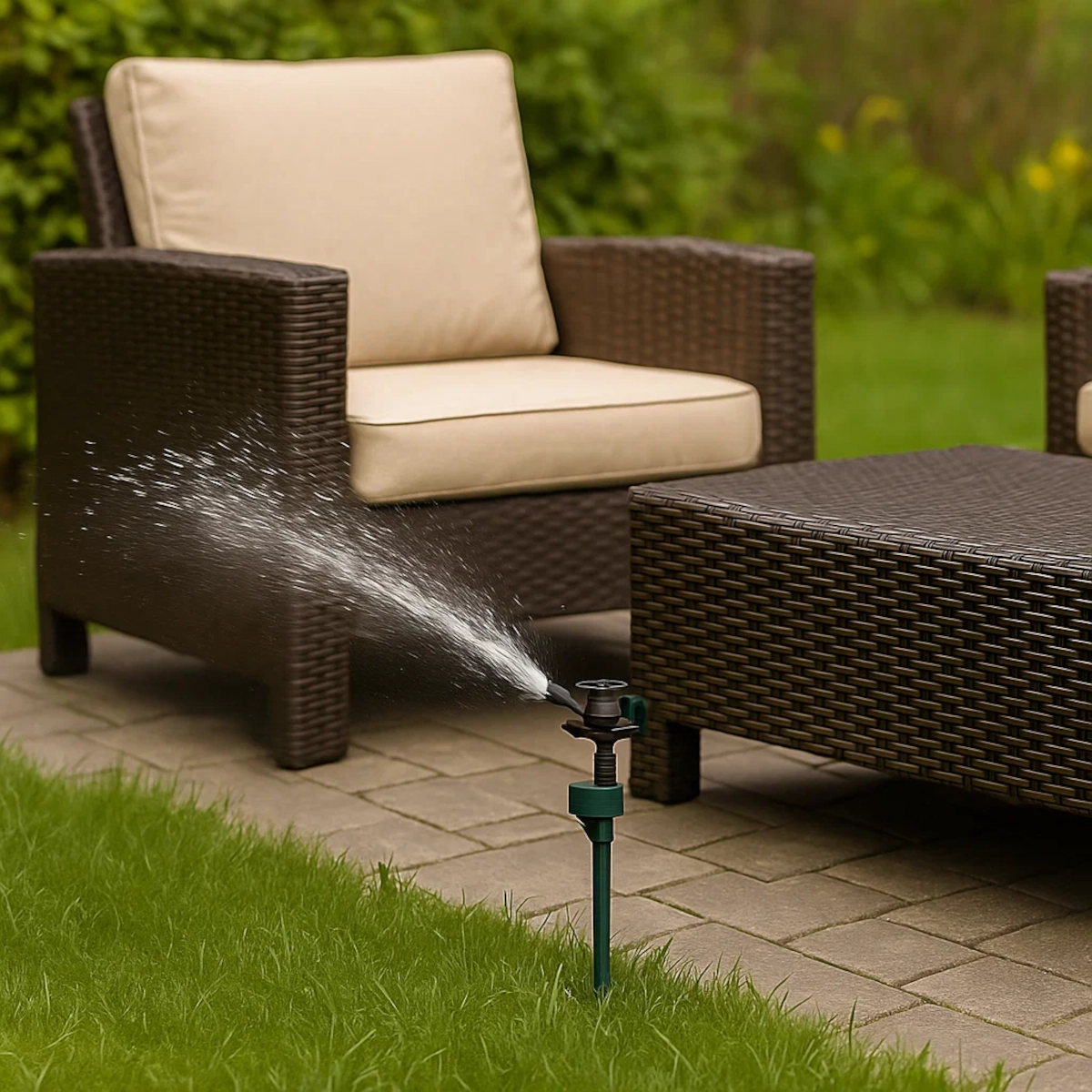 Motion-activated sprinklers used to deter birds from patio areas and garden furniture.