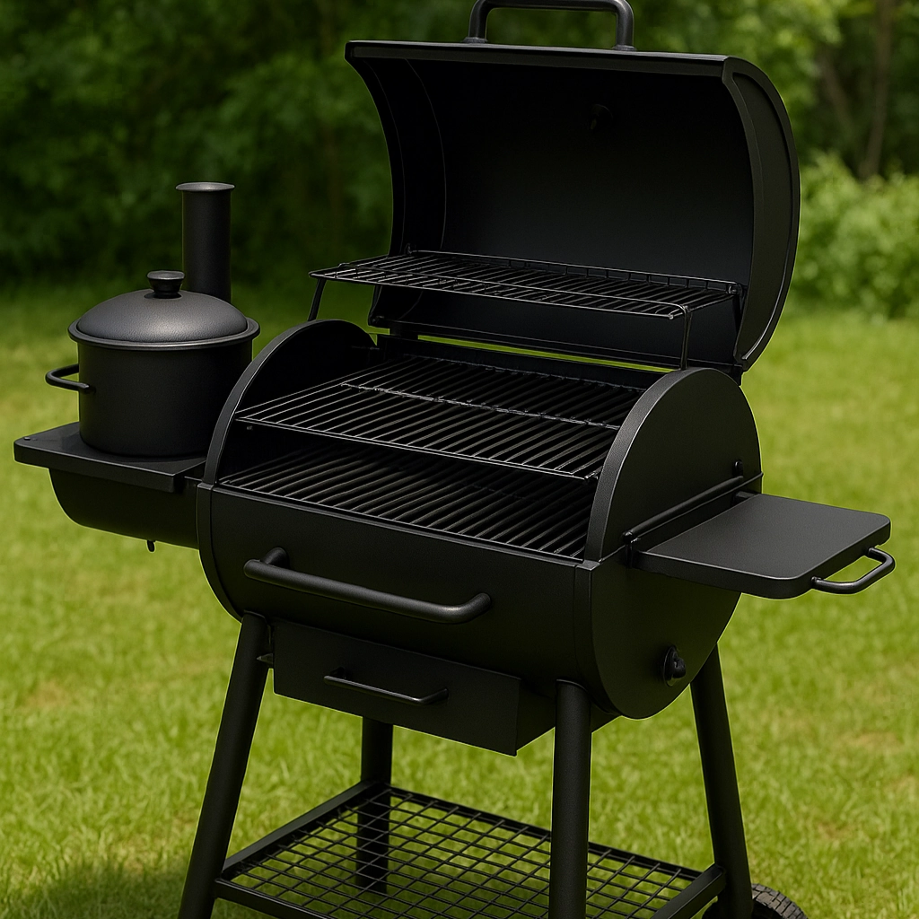 Multi-function grill for grilling, smoking, and baking while camping outdoors.