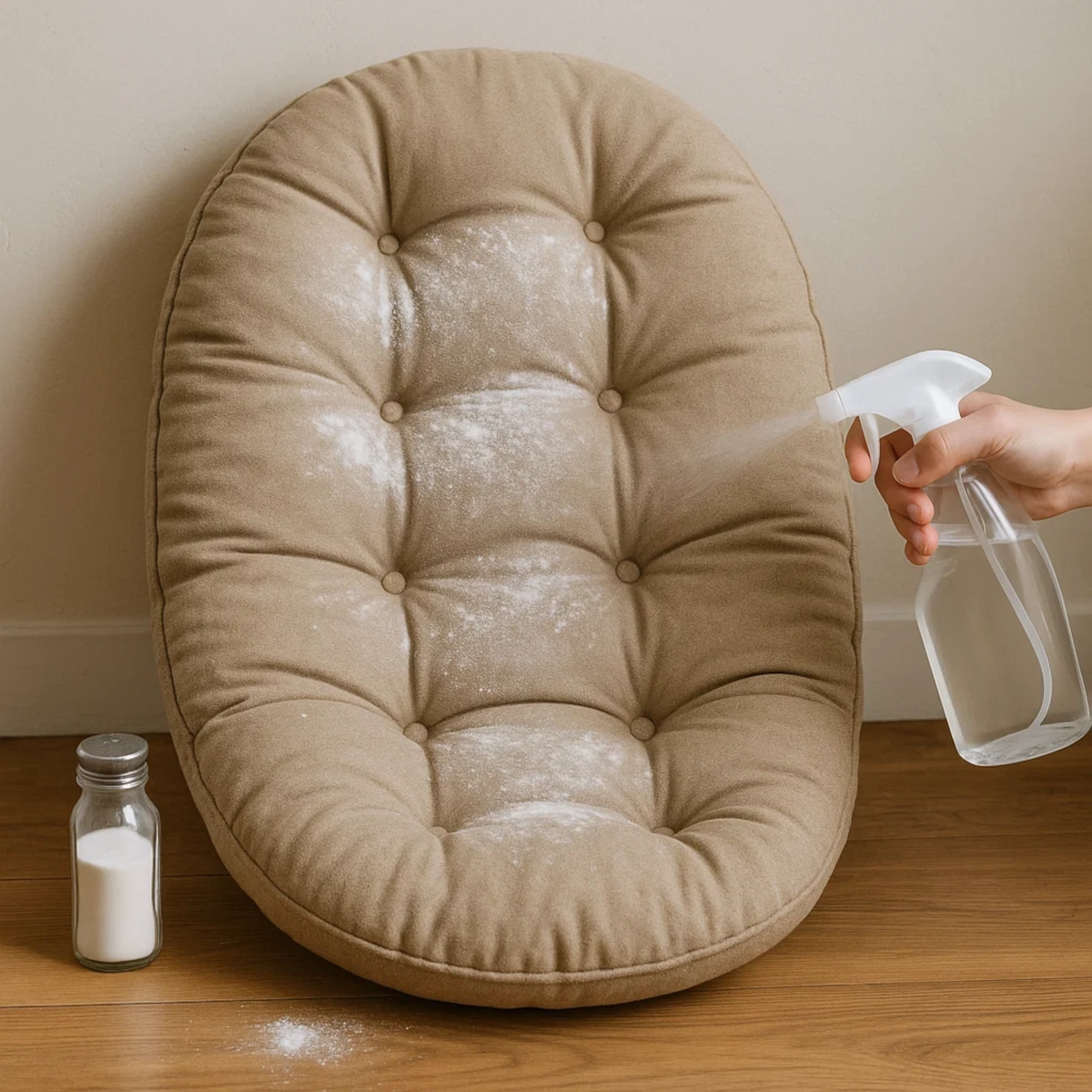 Sprinkling baking soda and spraying water on a cushion for odor removal and deep cleaning.