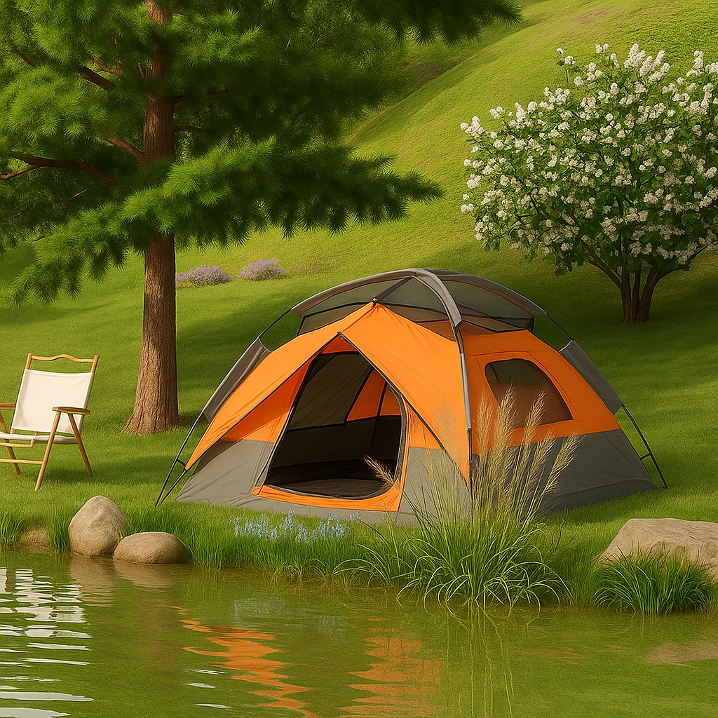 Well-ventilated orange camping tent with mesh windows near a lake for airflow.
