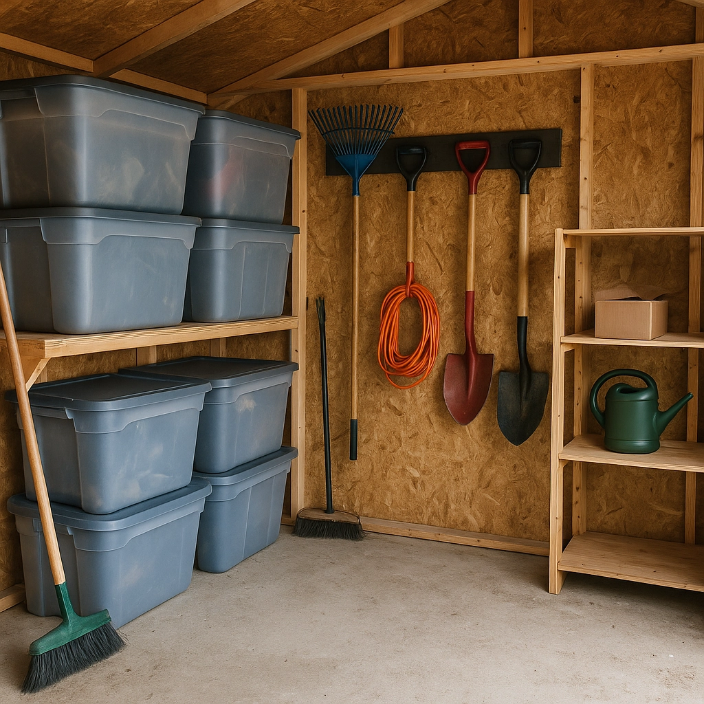 Organized shelves with cleaning tools and boxes in a neat shed.