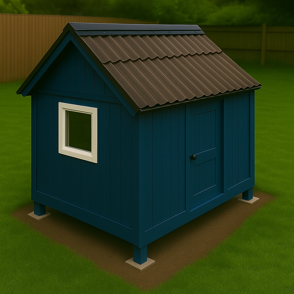 Tools and materials arranged on a wooden table for shed construction and painting.