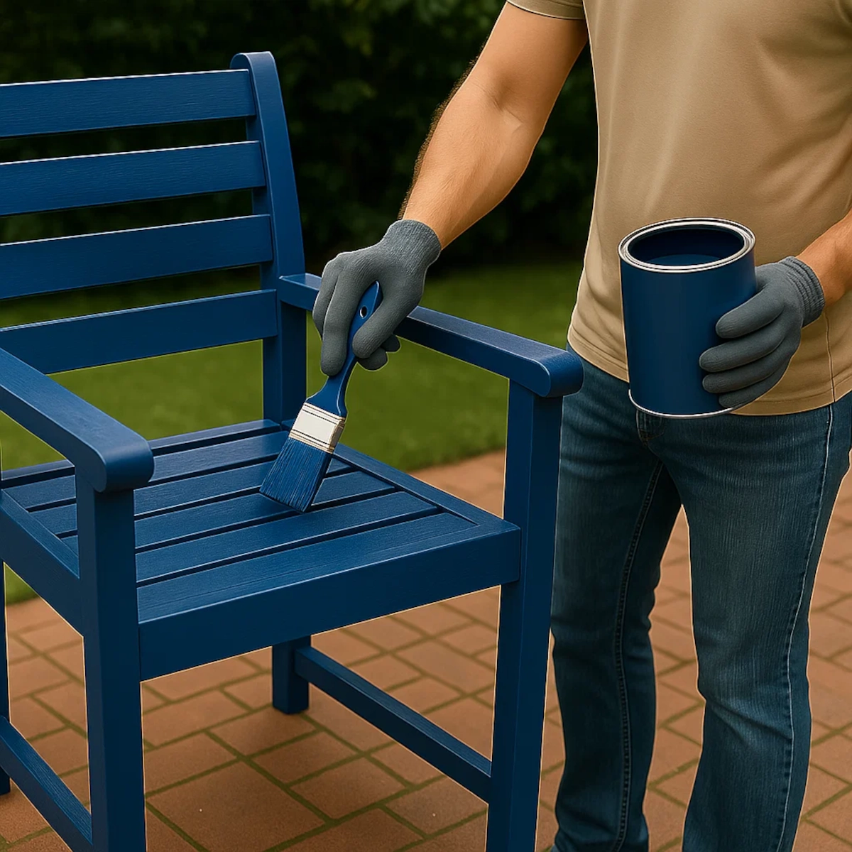 Person painting wooden patio chair blue using a paintbrush outdoors.