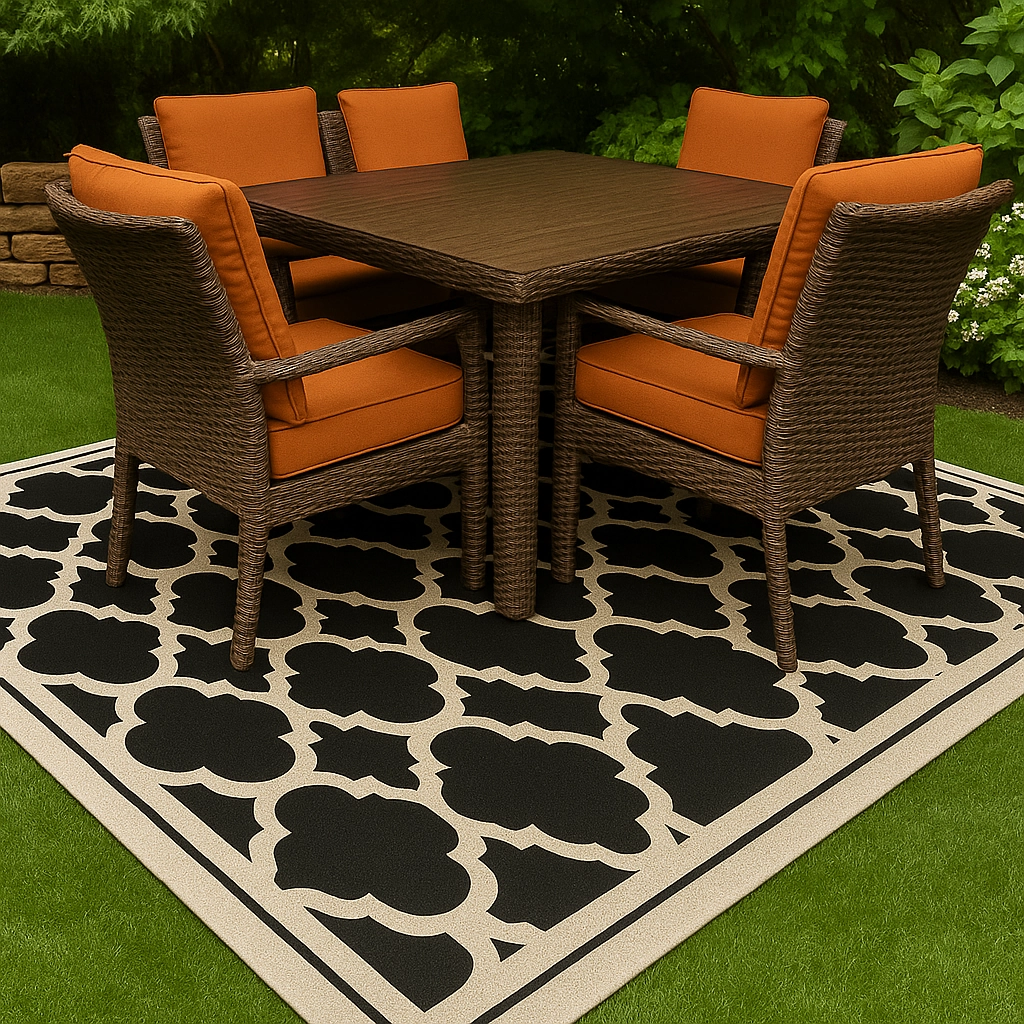 Side-by-side comparison of outdoor rugs in neutral, bright, and dark colors for design inspiration.