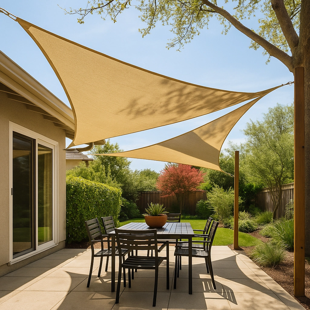 Triangle shade sails installed over patio dining area with outdoor furniture.