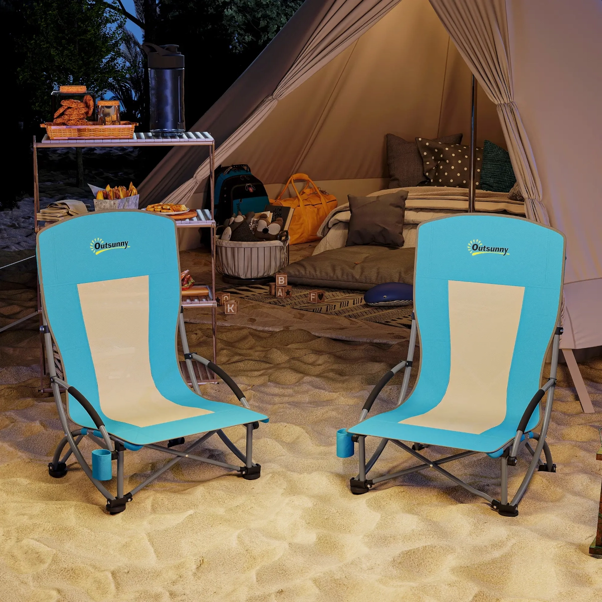 Foldable camping chairs and picnic tables for convenient outdoor seating and dining setup.