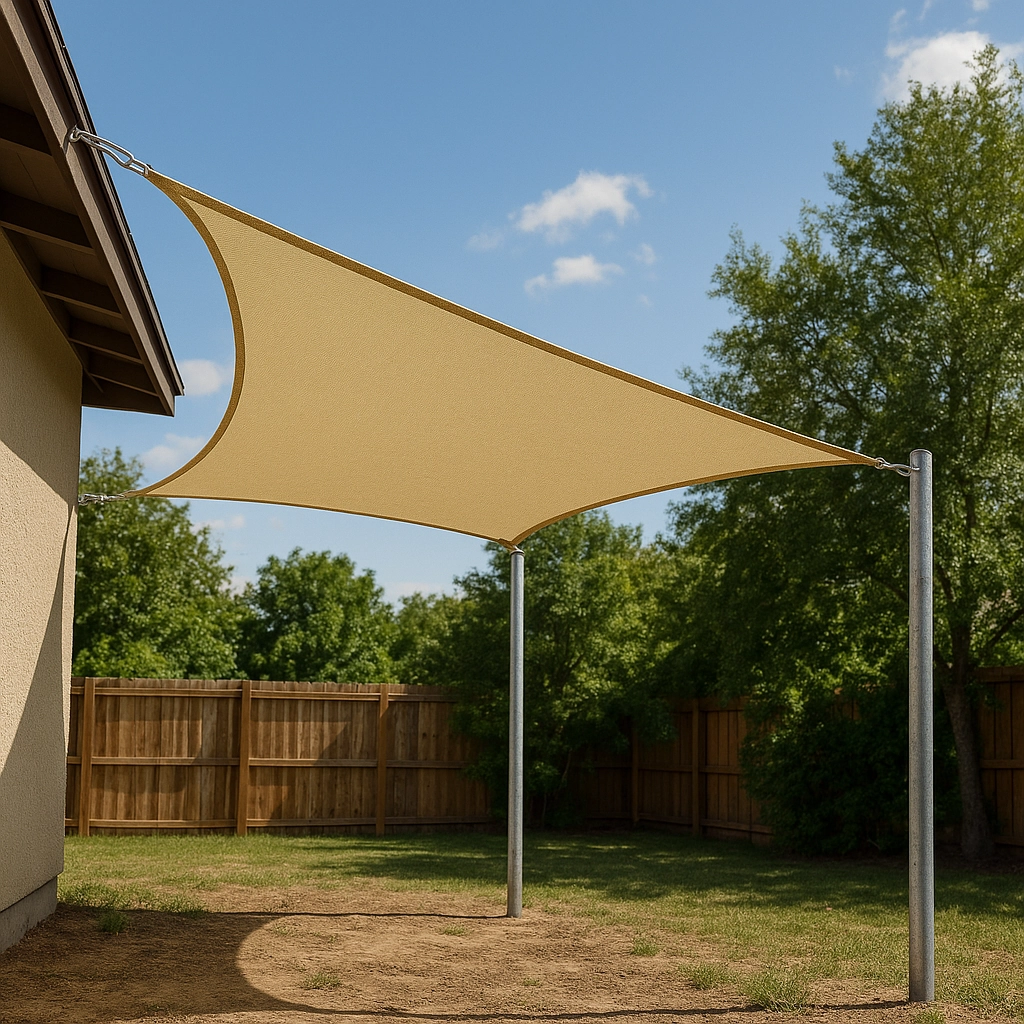 Beige triangle shade sail anchored to house and metal poles in backyard.