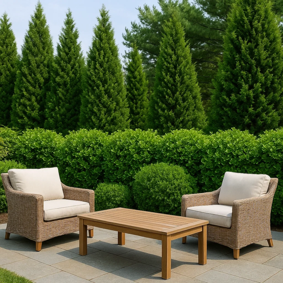 Seating area framed by tall evergreen shrubs and trees for wind protection.