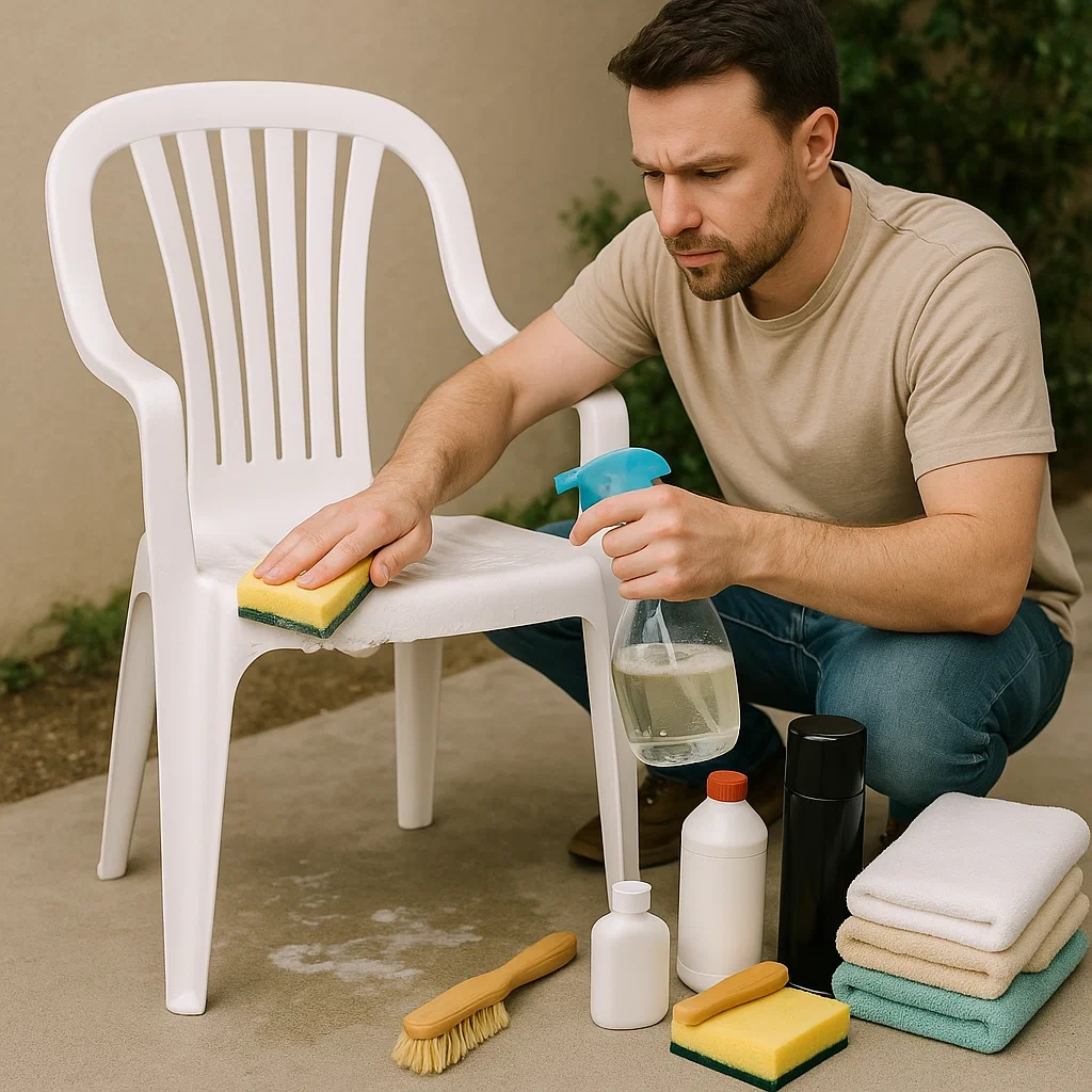Set of plastic chairs stacked with cleaning products ready for maintenance.
