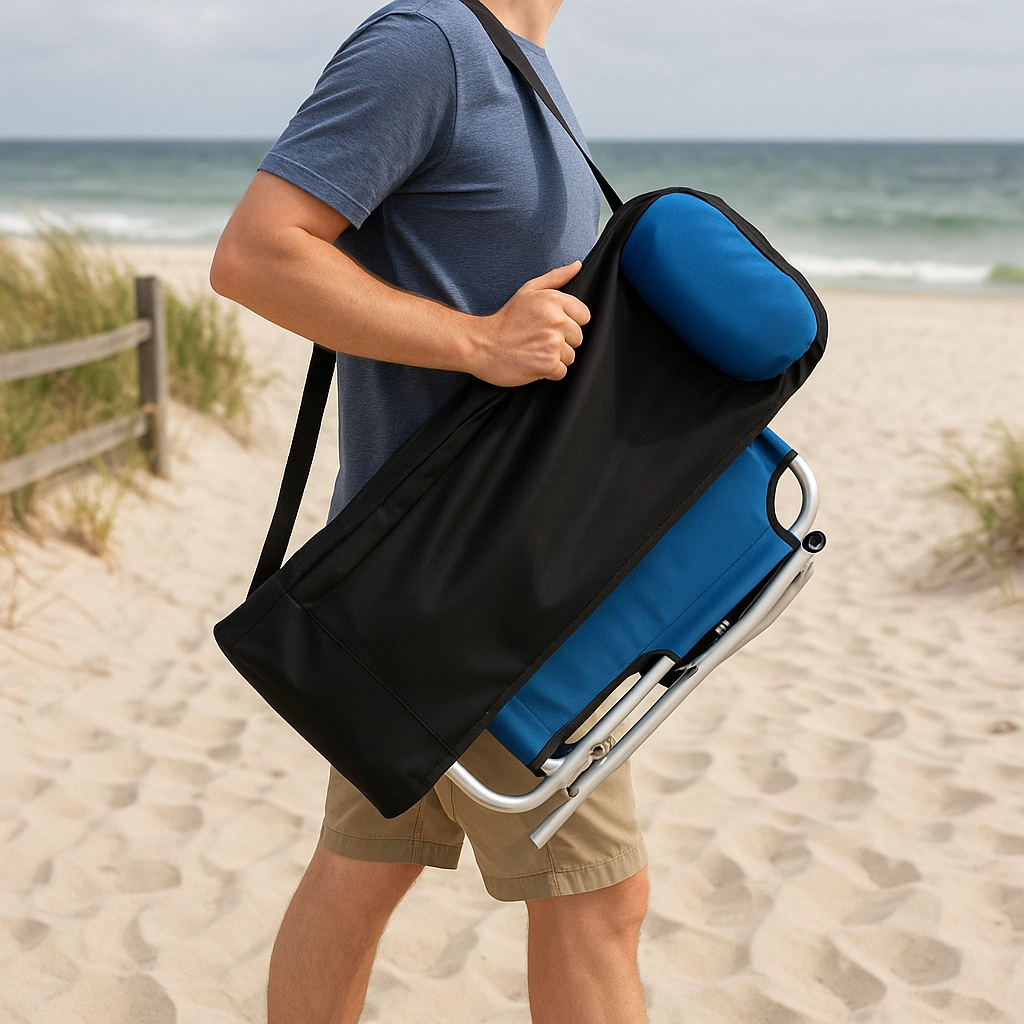 Man carrying a foldable beach chair in a black sling bag on sandy beach path.