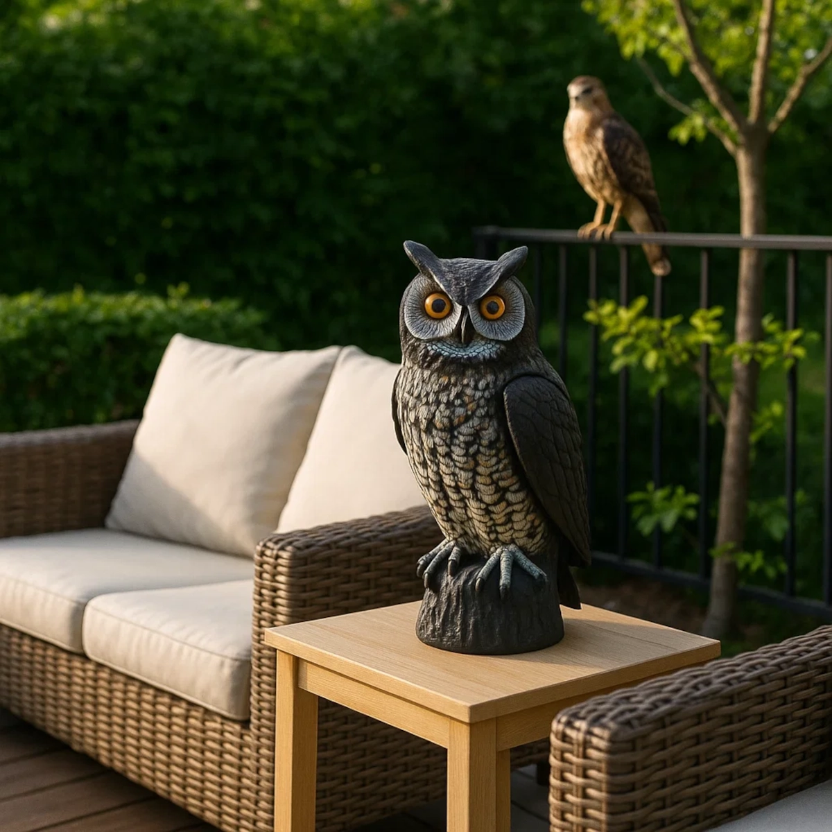 Realistic predator decoys like owls or hawks placed near patio to scare away birds.