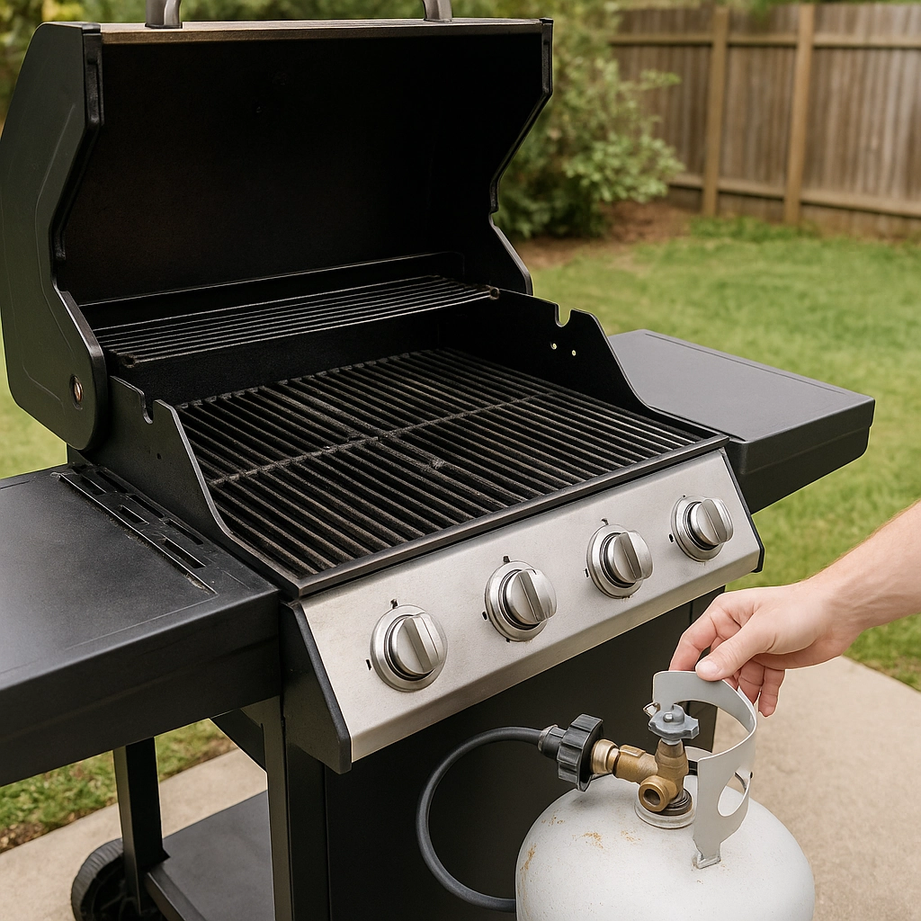 Man removing grill grates from gas barbecue to start the cleaning process outdoors on patio.