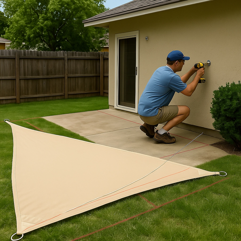 Installing hardware on sturdy structures to support shade sail tension and stability.
