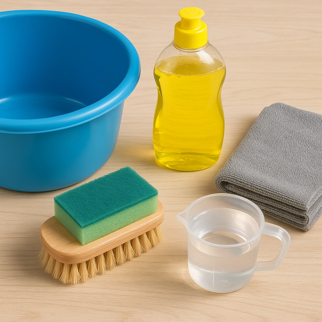 Tent cleaning supplies including sponge, detergent, towel, bowl, and water on wooden surface.