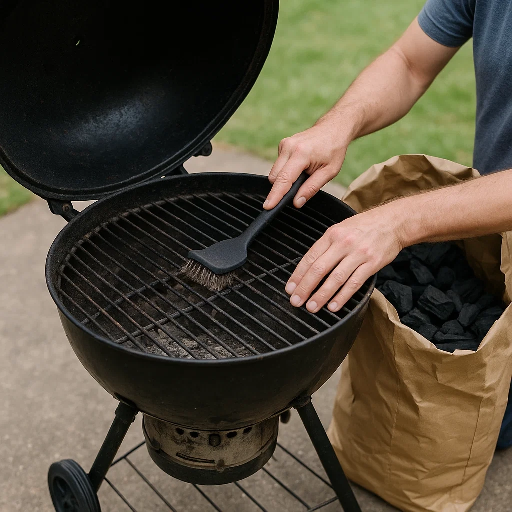 Cleaning grates, adding charcoal, and prepping grill for a safe and efficient cook.