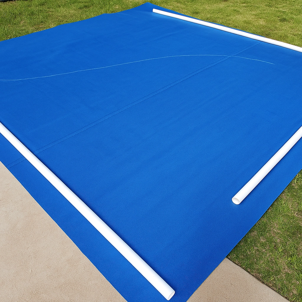 Laying out fabric flat and aligning edges before stitching panels for a shade sail.