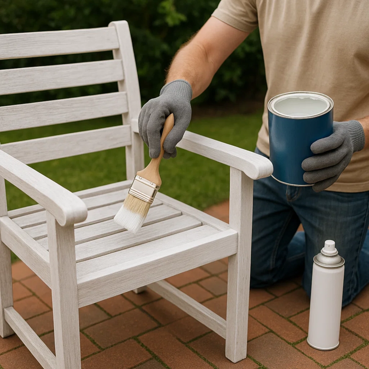 Applying white primer to patio chair with a brush before painting.