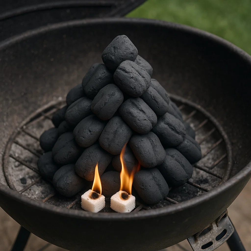 Charcoal stacked in pyramid formation to ignite coals evenly and quickly.