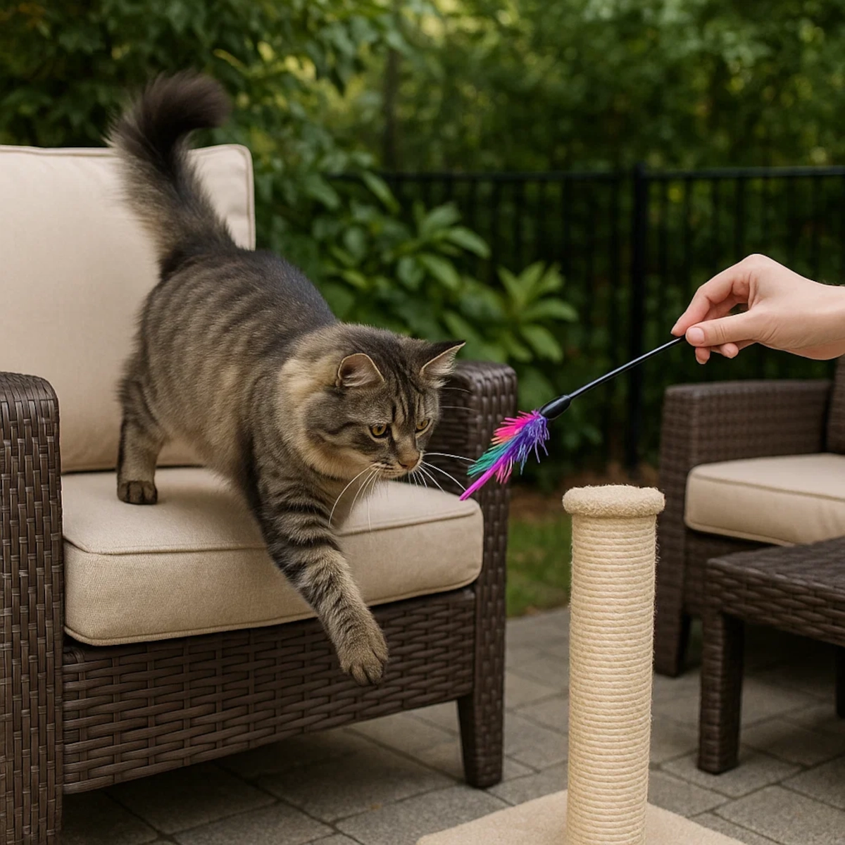 Cat playing with toy as a method to redirect attention from patio furniture