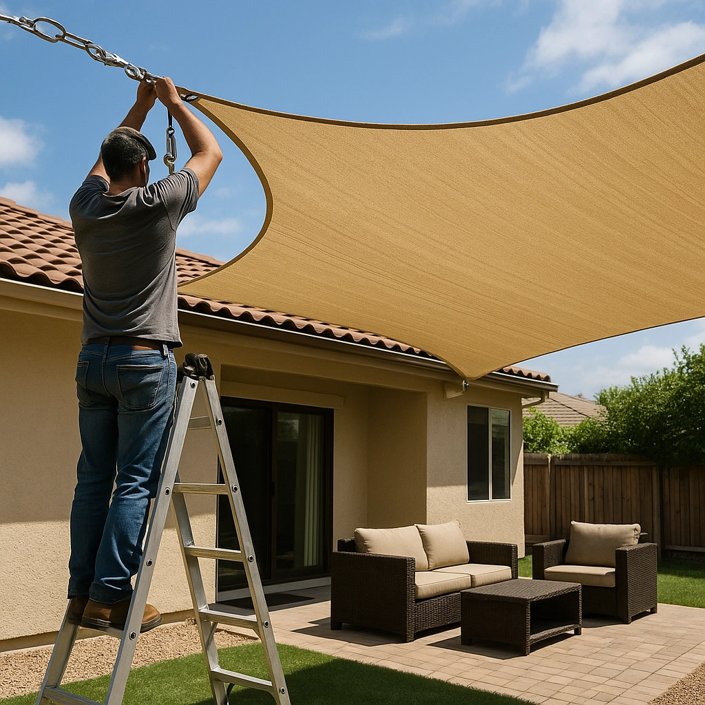 Reattaching the cleaned and dried shade sail to its mounting points.