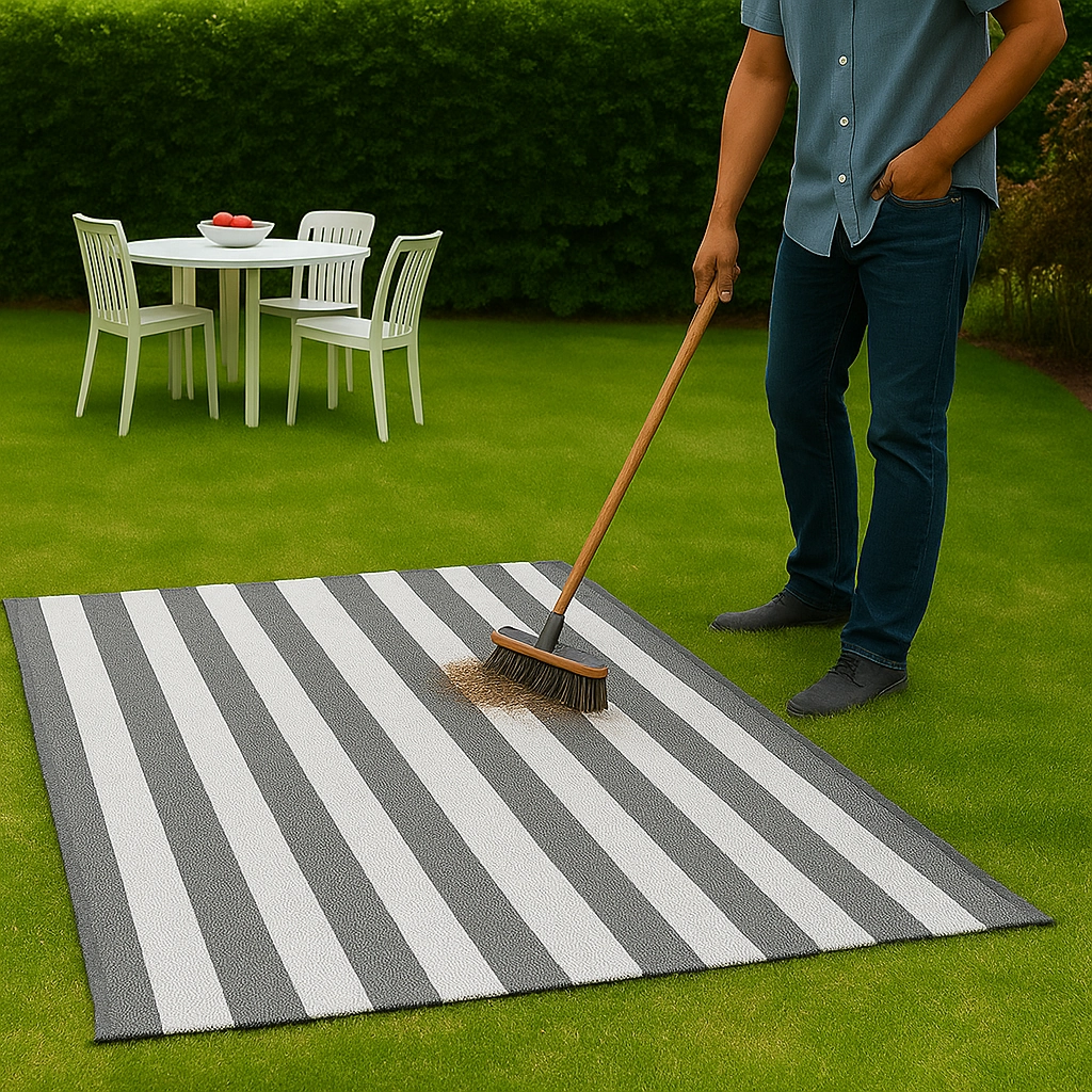 Man sweeping outdoor rug on lawn to remove loose dirt and debris.
