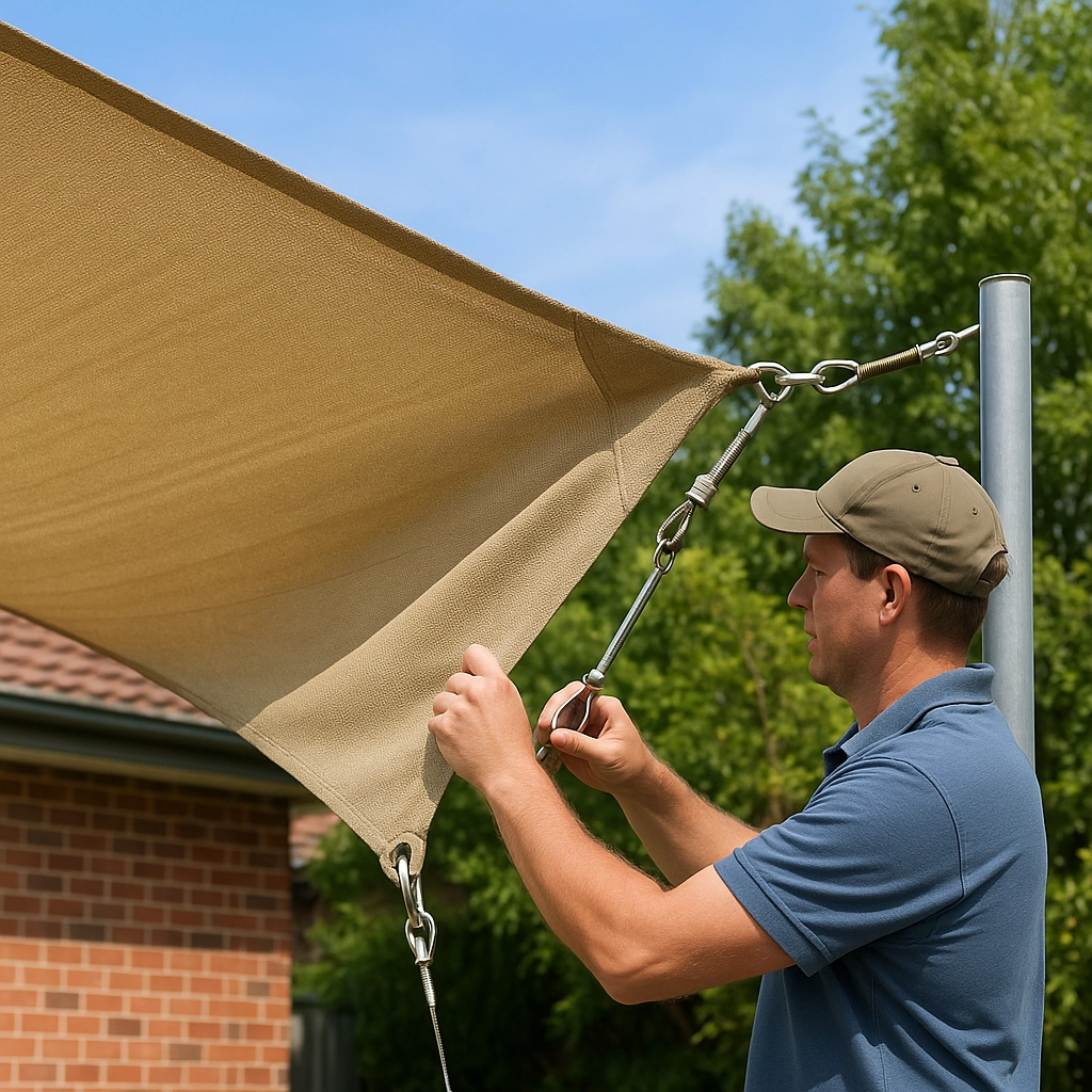 Detaching shade sail from its fixings for thorough and easy manual cleaning.