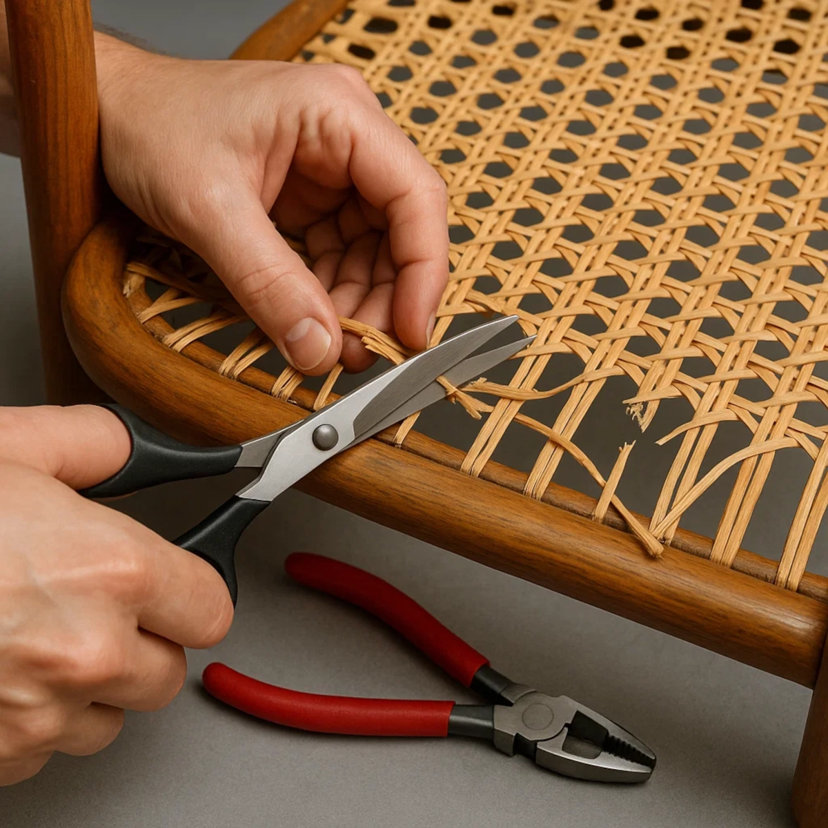 Removing damaged rattan strands from furniture before replacing with new material