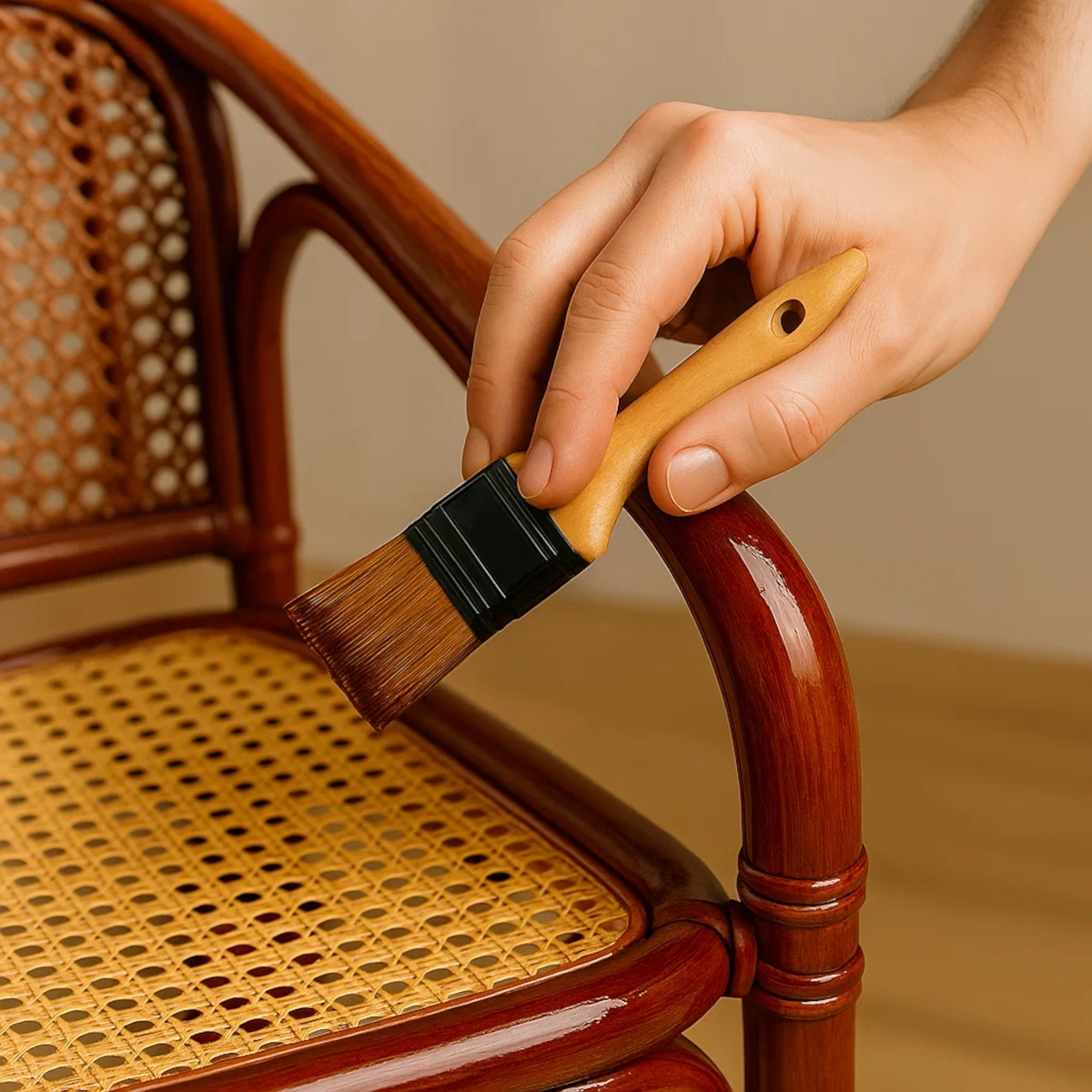 Applying varnish or paint to restored rattan furniture for a smooth finish