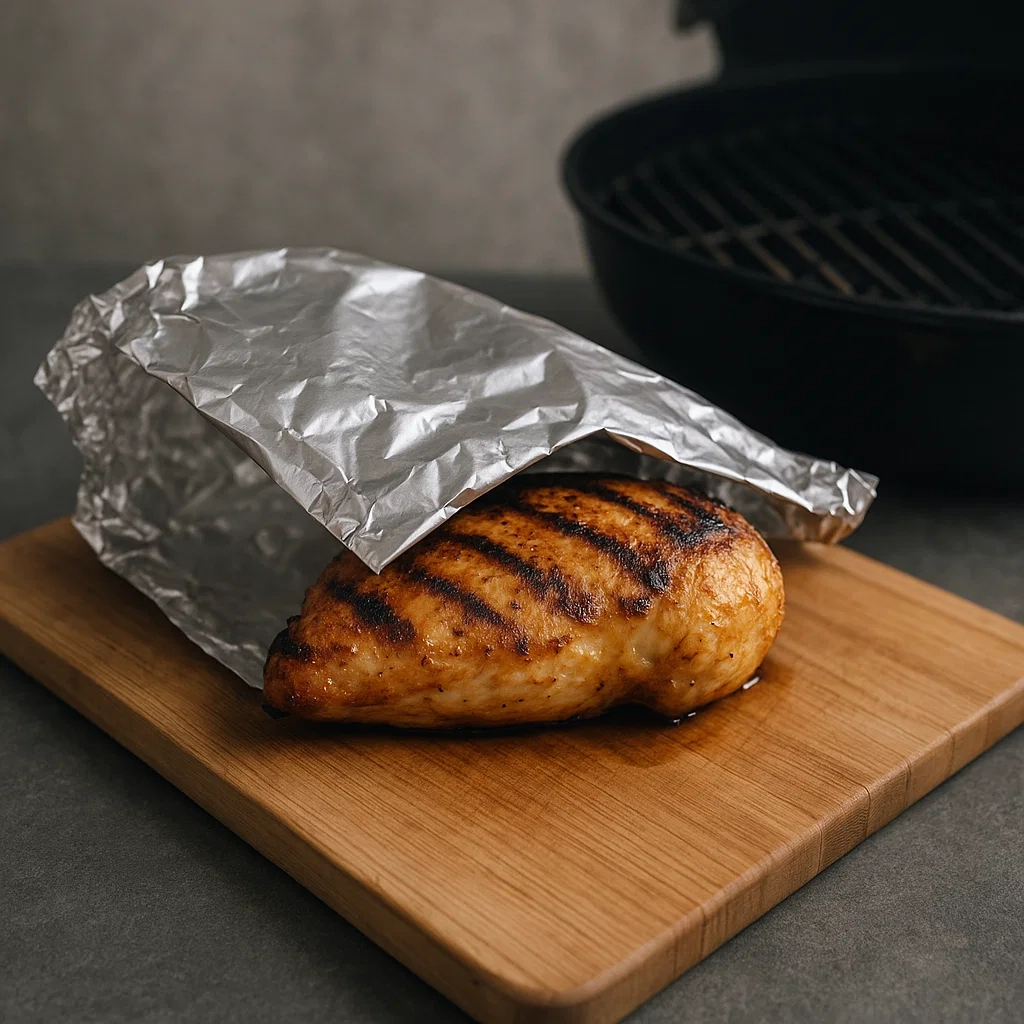 Grilled chicken resting on plate to retain juices before serving.