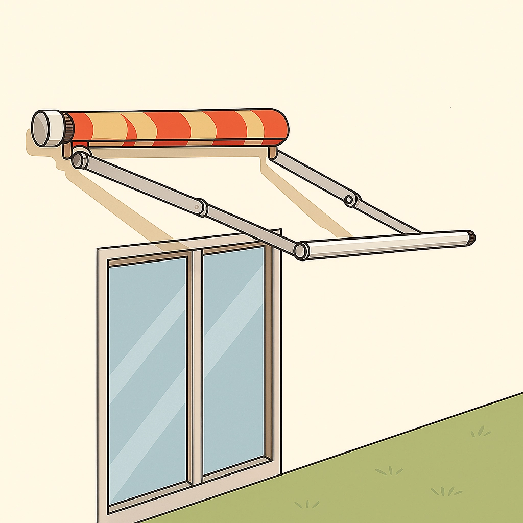 Retractable awning partially retracted, showing the folding arm mechanism above a window.